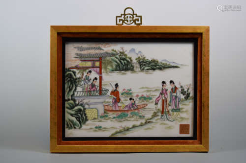 Chinese Porcelain Plaque with Lady in Boat Scene