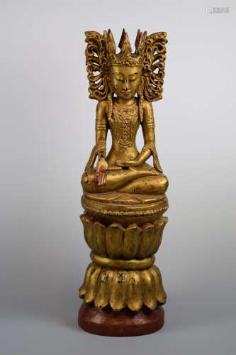 South East Asian Burmese Gold Lacquered Wood Buddha