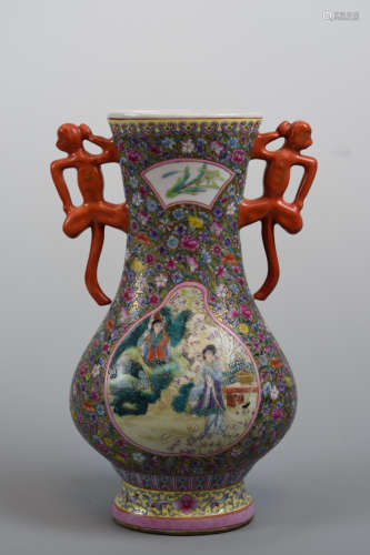 Chinese Porcelain Vase with Monkey Handle