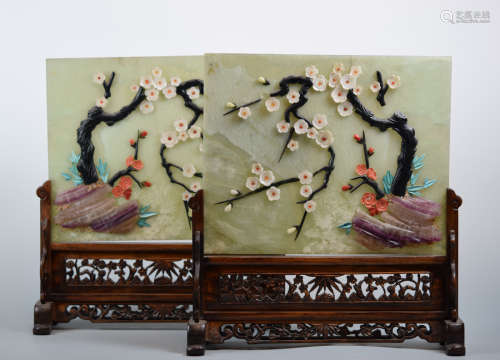 Chinese Screen with Inlays - Coral Jade Turquois - Pair