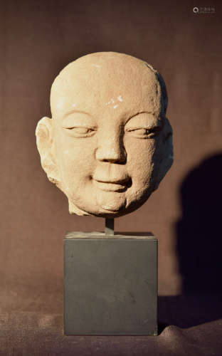 Chinese Sandstone Buddha Head on Museum Mounting