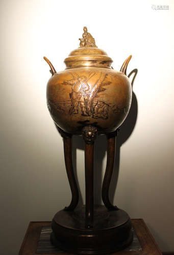 Japanese Bronze Censer with Samurai Scene