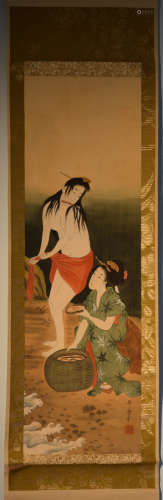 Japanese Scoll Painting of Women in Bath