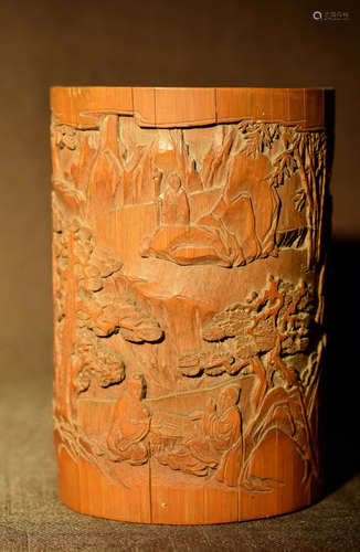 Chinese Bamboo Brushpot with Scholar