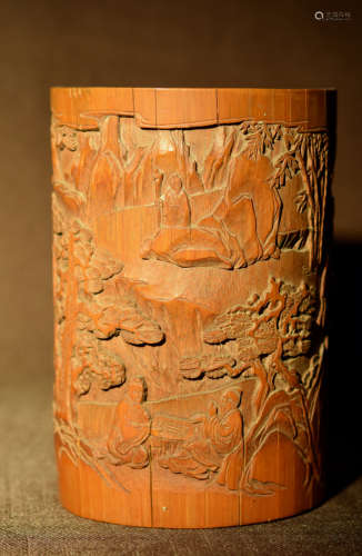 Chinese Bamboo Brushpot with Scholar