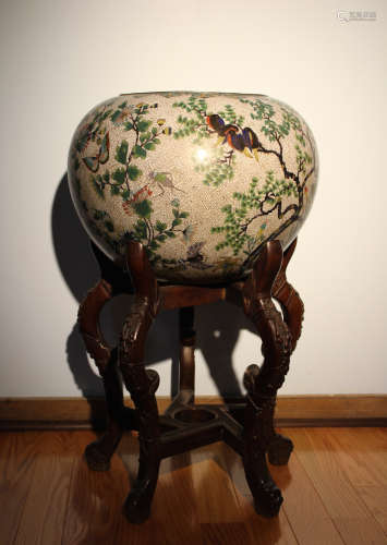 Massive Chinese Cloisonne Fishbowl with Bird Deer Scene
