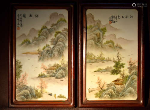 Pair Chinese Porcelain Landscape Scene Plaques