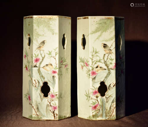 Pair Chinese Porcelain Hat Vases with Bird Scene