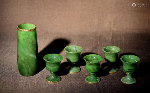 Chinese Spinach Jade Vase and Wine Cups