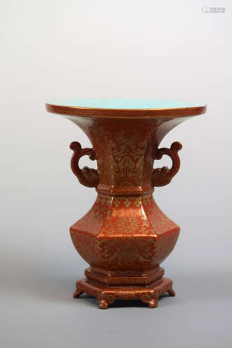 Chinese Coral Red Hexagonal Vase