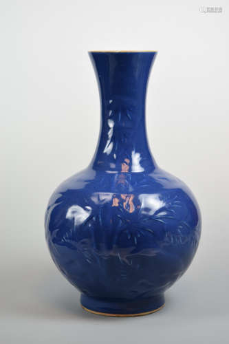 Chinese Blue Monochrome Vase with Embossed Design