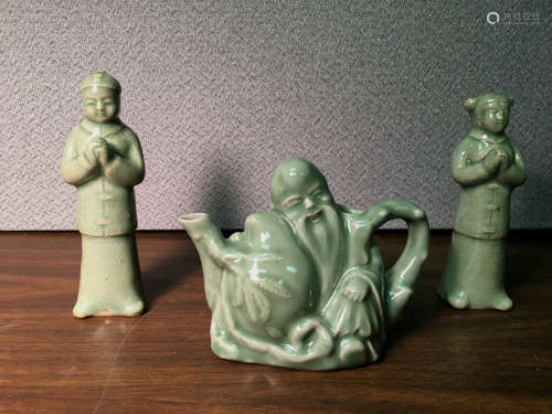 Group of Three Chinese Celadon Porcelain Teapot and Figurines