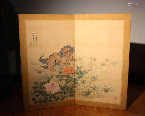 Japanese Two Panel Screen - Shishi