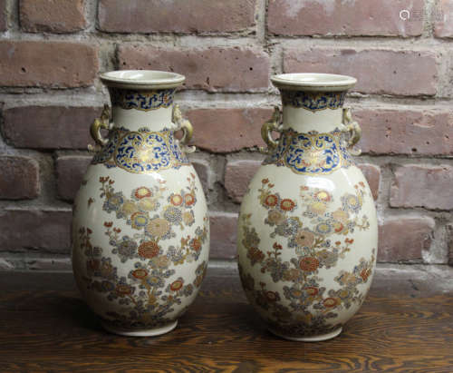 Pair Japanese Satsuma Goshu Blue Enamled Vases