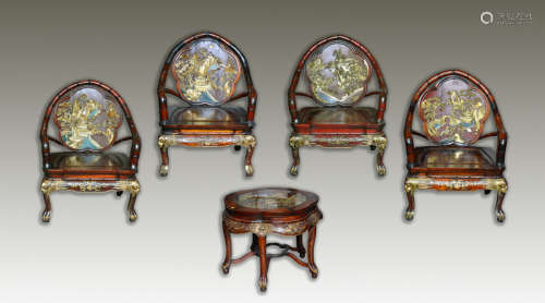 Set of Four Chairs and One Table - Carved Gilt Landscape