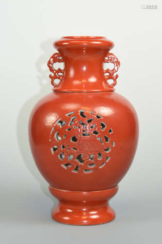 Chinese Three Section Coral Red Lantern Vase