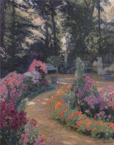 OCTAVE GUILLONNET (1872-1967)Conversation dans un jardin fleuri, 1923