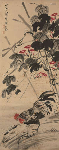 齐白石 (1864-1957)公鸡斗蟋蟀