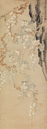李鱓 1744年作 紫藤月季 立轴 设色纸本