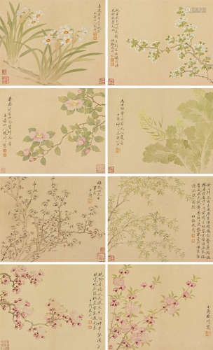 改琦 1810年作 四季花卉册 册页 （八开） 设色纸本