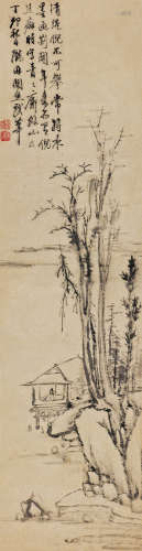 关思 1627年作 水阁疏林图 立轴 水墨纸本