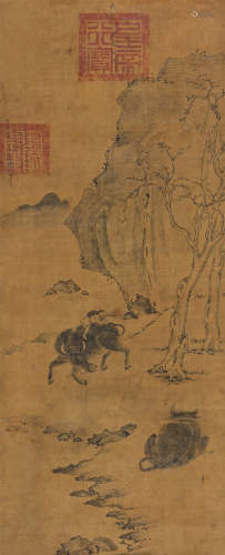 成化帝 1477年作 牧牛图 镜心 水墨绫本