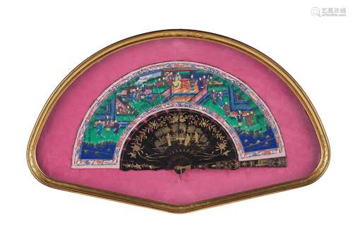 A PAINTED PAPER AND WOOD STICK FAN IN A FRAME, CANTON, CHINA, LATE 19TH CENTURY