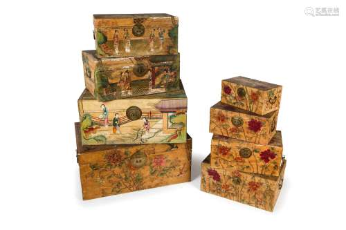 AN UNUSUAL SET OF EIGHT PAINTED PAPER TRAVEL BOXES, CHINA, LATE 18TH-19TH CENTURY (8)
