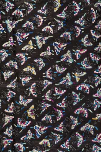 A FRAGMENT OF BLACK TISSUE EMBROIDERED WITH MULTICOLORED BUTTERFLIES, CHINA, QING DYNASTY, SECOND HALF 19TH CENTURY