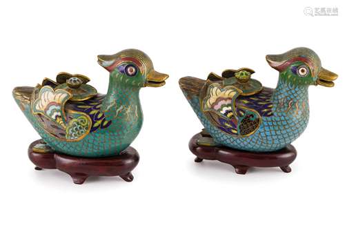 A PAIR OF BRONZE CLOISONNÉ DUCK SHAPED CENSERS, CHINA, LATE QING DYNASTY (2)