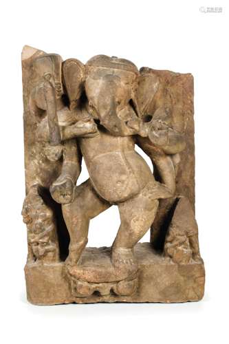 A RARE MASSIVE STONE CARVED FIGURE OF GANESH, INDIA, 5TH CENTURY