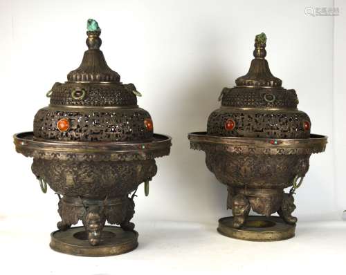 Large Pair of Chinese  Silvers Incense Burners