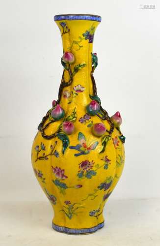 Chinese Yellow Glazed Vase w  Peaches