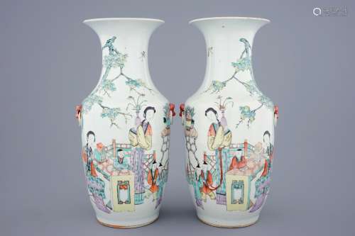 A pair of Chinese qianjiang cai vases with ladies and children, 19/20th C.