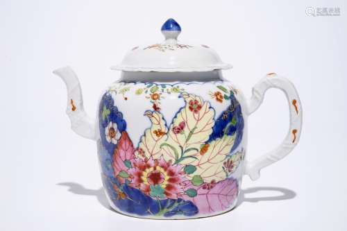 A Chinese famille rose 'Tobacco Leaf' teapot and cover, Qianlong