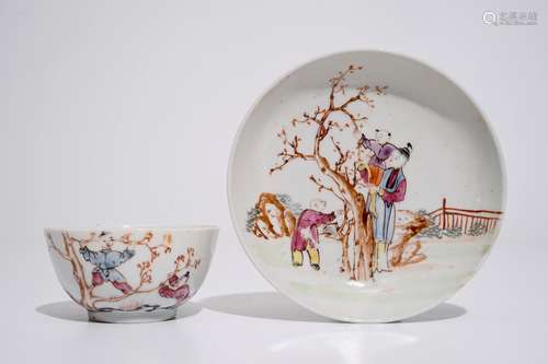 A Chinese famille rose mandarin cup and saucer, Qianlong