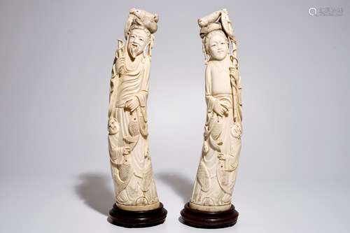 A pair of tall Chinese ivory figures of a fisherman and woman, 19/20th C.