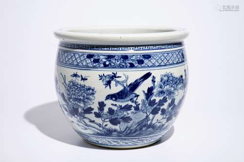 A blue and white Chinese fishbowl with birds among flowers, 19th C.