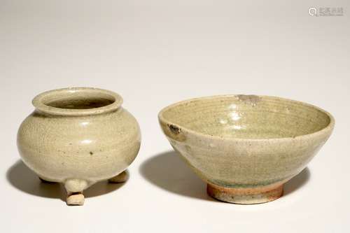 A Chinese celadon-glazed tripod censer and a small bowl, prob. Yuan/Ming