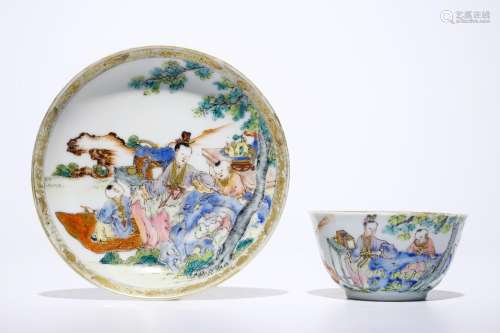 A fine Chinese famille rose eggshell cup and saucer with a lady and two boys, Yongzheng