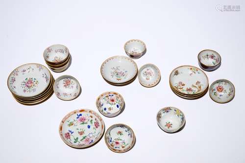 Eleven Chinese famille rose on capucin brown ground cups and saucers, Qianlong