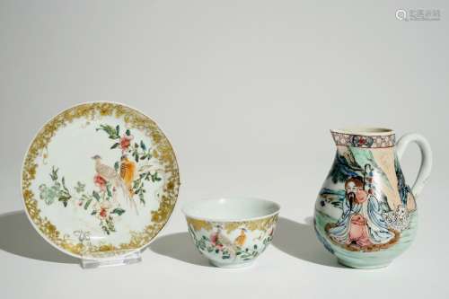 A fine Chinese famille rose milk jug and a cup and saucer, Yongzheng/Qianlong