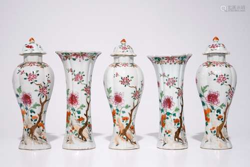 A five-piece Chinese famille rose garniture with floral design, Qianlong