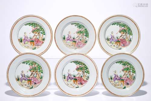 Six Chinese famille rose cherrypickers plates, Qianlong