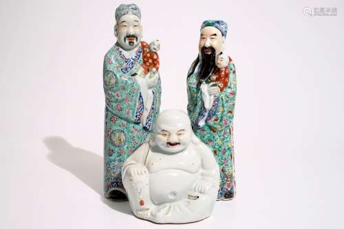 Two Chinese famille rose figures of immortals and a white-glazed model of Buddha, 19/20th C.