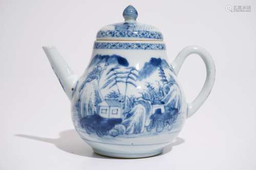 A blue and white Chinese teapot with a fine landscape, Yongzheng/Qianlong