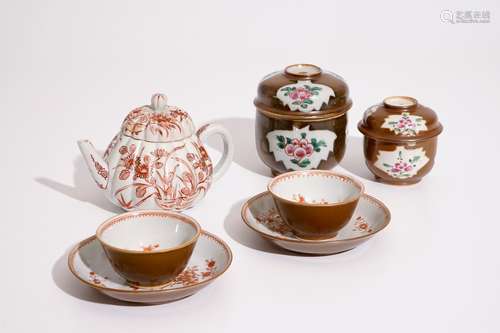 Two Chinese Batavian ware covered bowls, two cups and saucers, and a Japanese Imari teapot, 18th C.