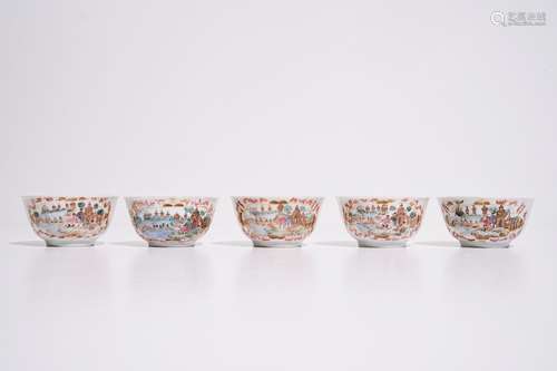 Five Chinese famille rose cups decorated in Meissen-style, Qianlong