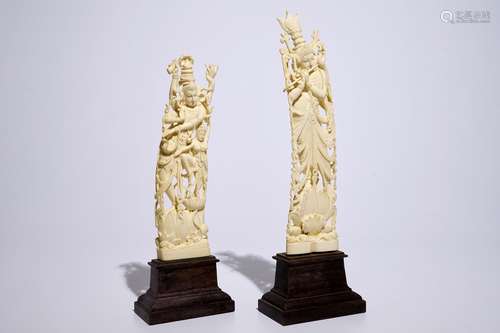 Two tall Indian carved ivory figures of deities, ca. 1900