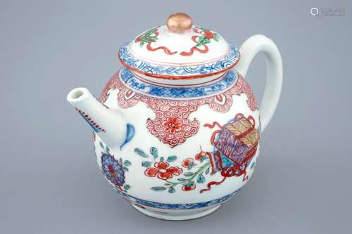 A Chinese Dutch-decorated Amsterdams bont teapot and cover, Kangxi